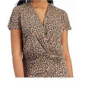 Bar III 3X cheetah print v neck twist front knot cap sleeve top TB 3017
